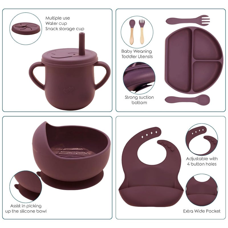 Dormlony 100% Silicone Baby Feeding Set, BPA Free Dishes With Suction Bowl, Divided Plate, Toddler Self Feeding Utensils, Spoons, Forks, Sippy Cup and Bib (Dark Red) - Image 3